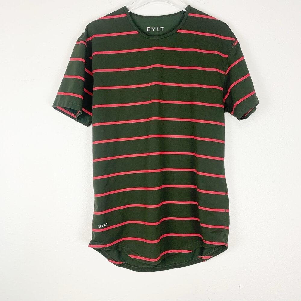 Bylt Shirt Mens Large Drop Cut Stretch Striped Green Pink Short Sleeves Athletic